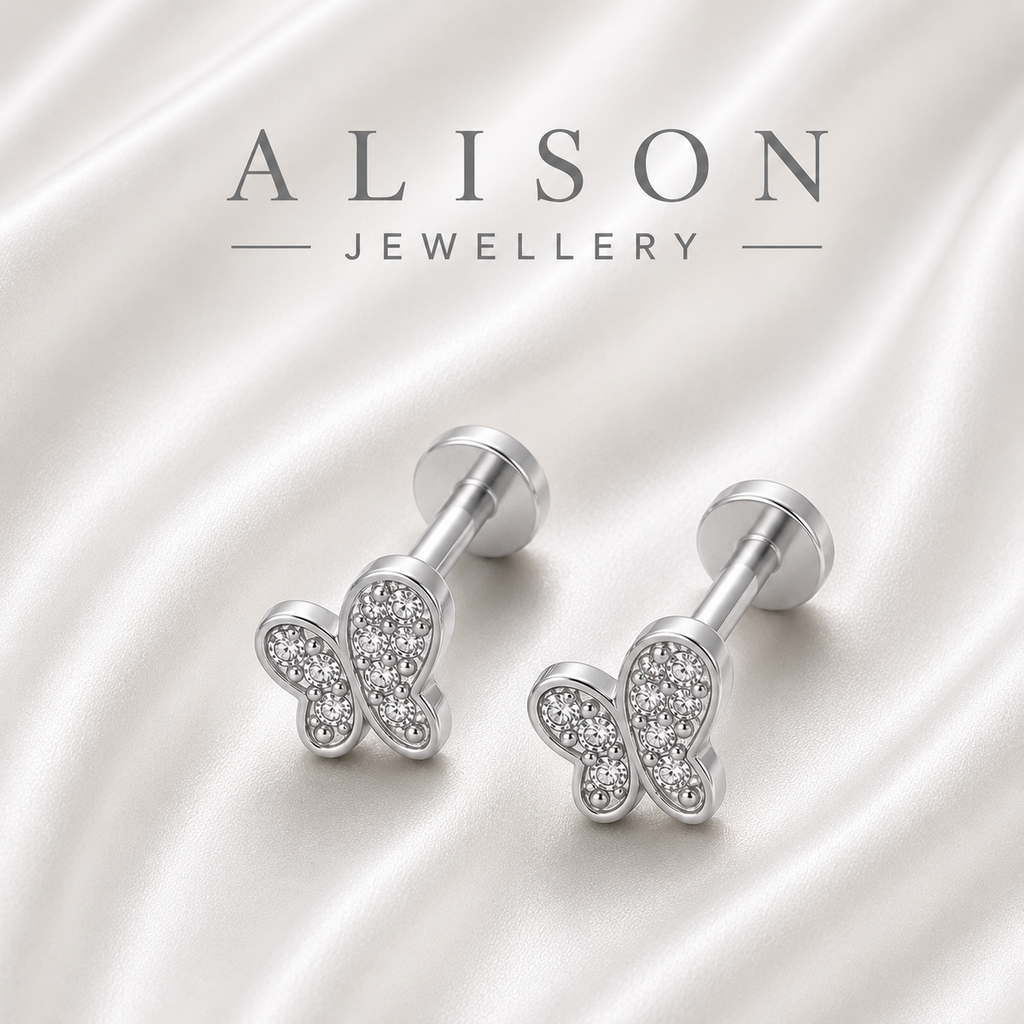 Stainless Steel Butterfly Zircon Flat Back Stud - PAIR