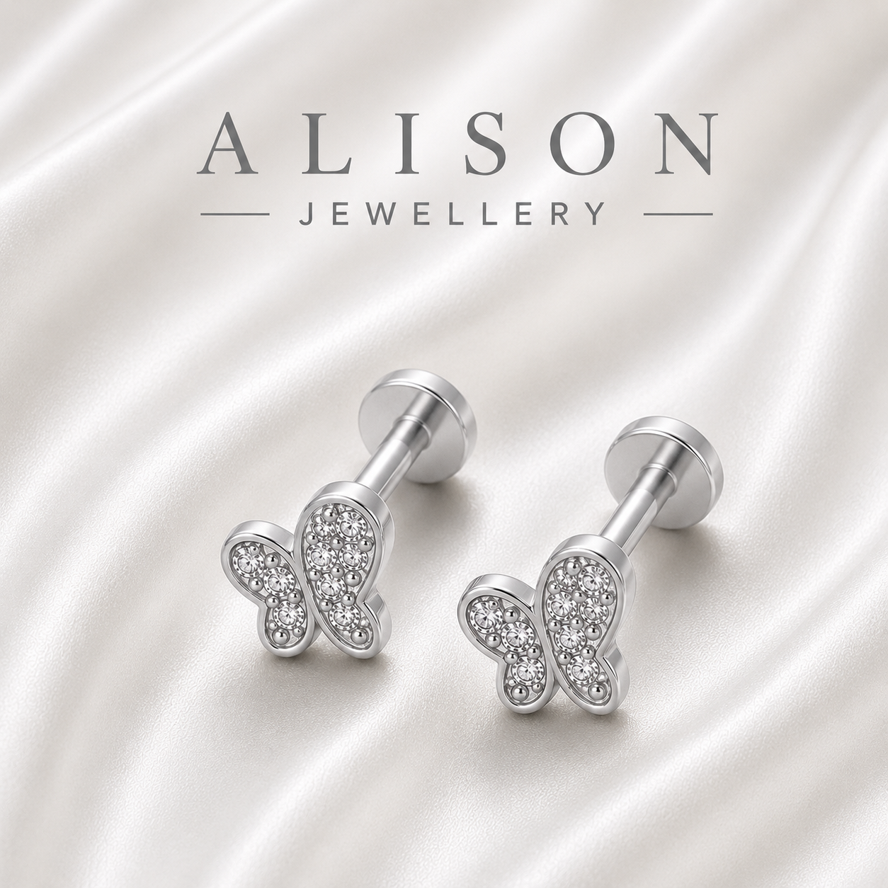 Stainless Steel Butterfly Zircon Flat Back Stud - PAIR