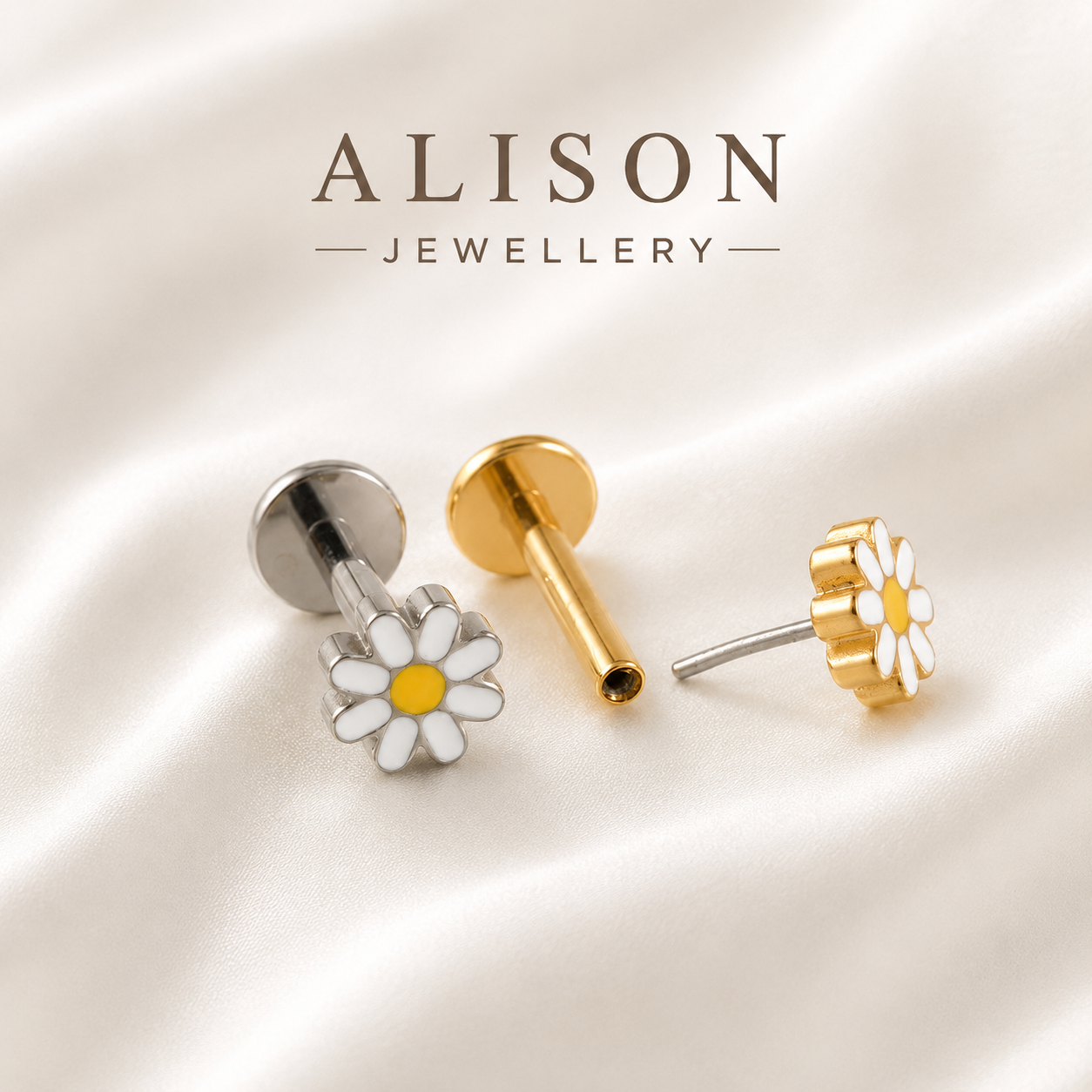 ASTM F136 Titanium Daisy Flower Threadless Flat Back Labret Stud – PAIR | 18K Gold Plated