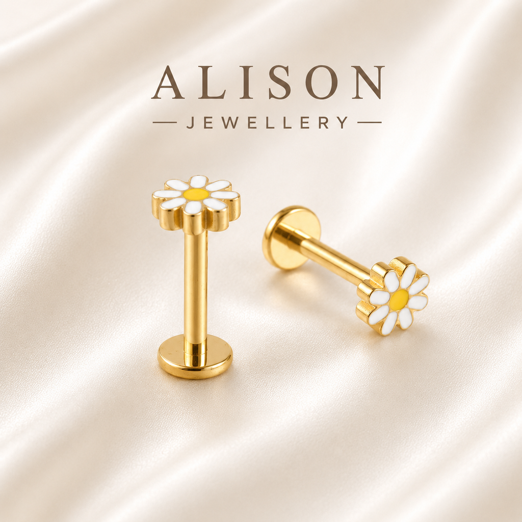 ASTM F136 Titanium Daisy Flower Threadless Flat Back Labret Stud – PAIR | 18K Gold Plated