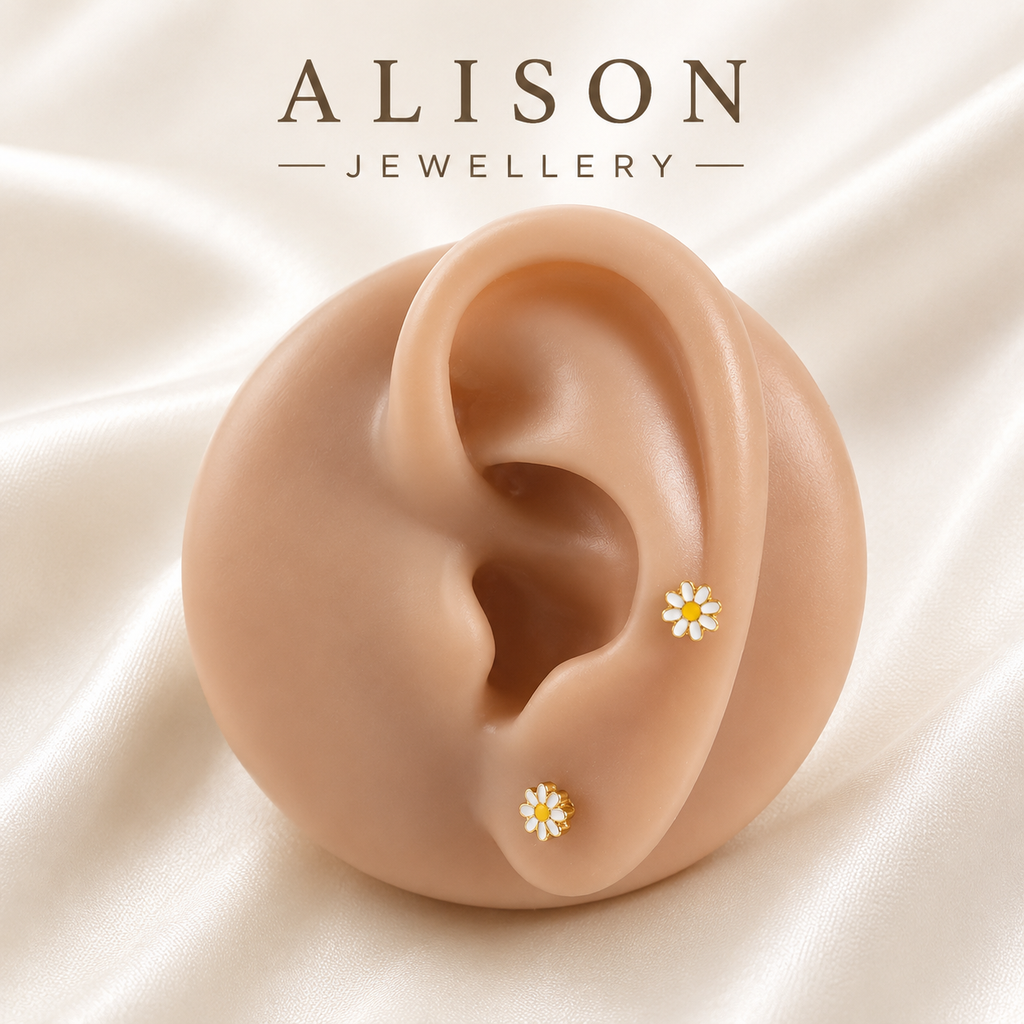 ASTM F136 Titanium Daisy Flower Threadless Flat Back Labret Stud – PAIR | 18K Gold Plated