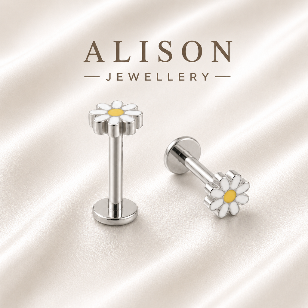 ASTM F136 Titanium Daisy Flower Threadless Flat Back Labret Stud – PAIR | 18K Gold Plated