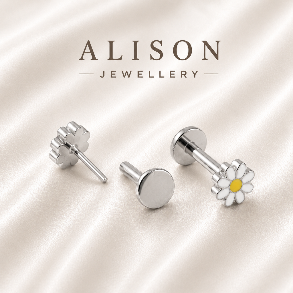 ASTM F136 Titanium Daisy Flower Threadless Flat Back Labret Stud – PAIR | 18K Gold Plated