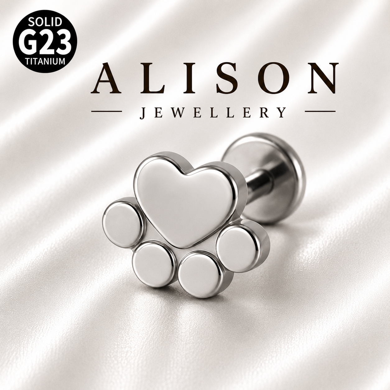 ASTM F136 Titanium Heart Paw Labret Stud - PAIR