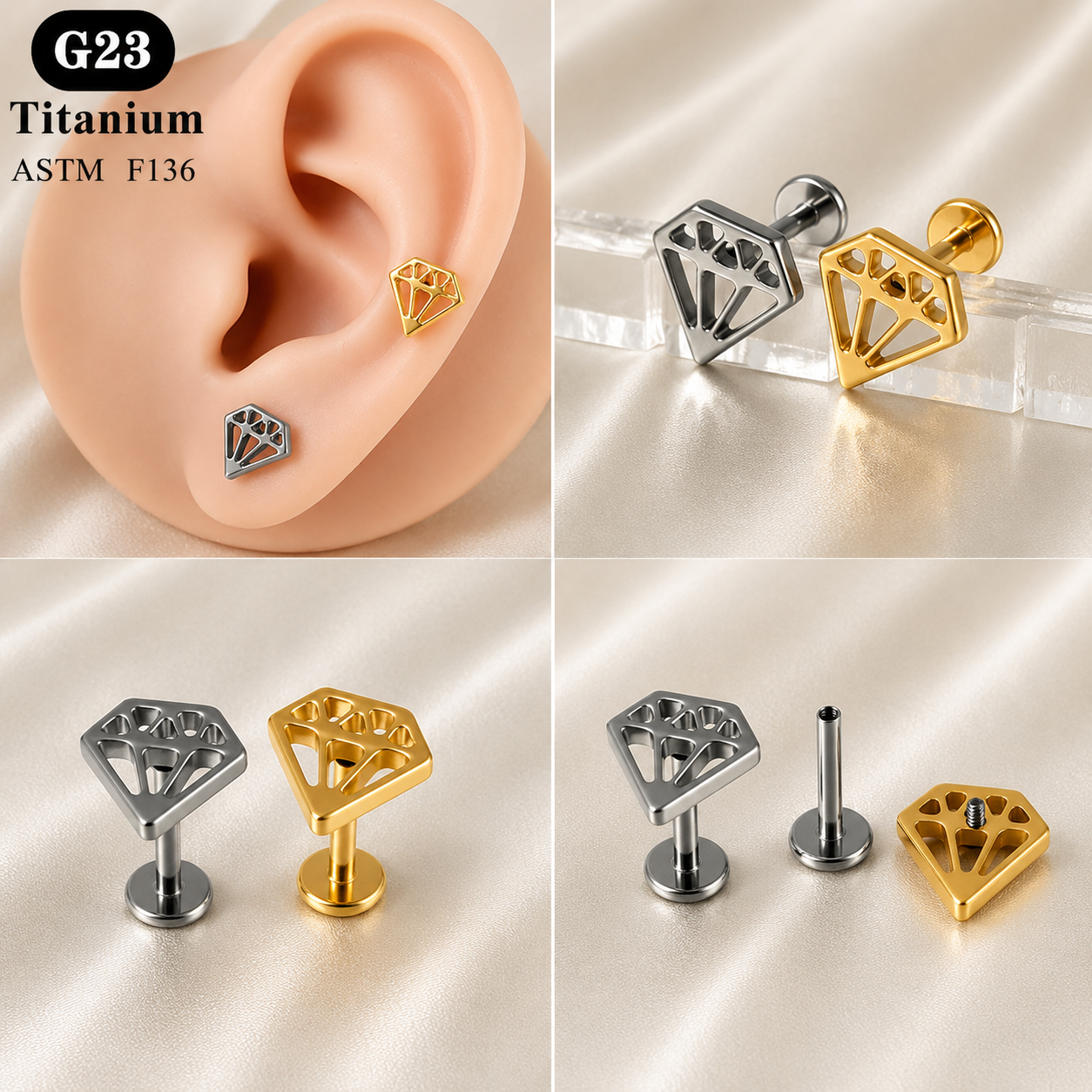 ASTM F136 Titanium Geometric Labret Stud - PAIR
