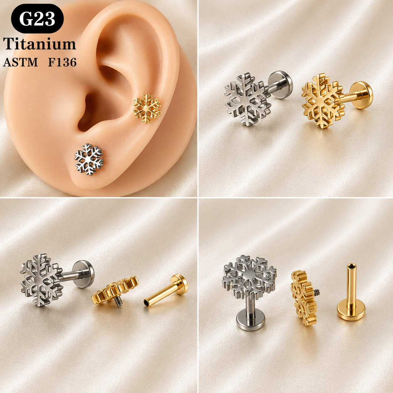 ASTM F136 Titanium Snowflake Labret Stud - PAIR