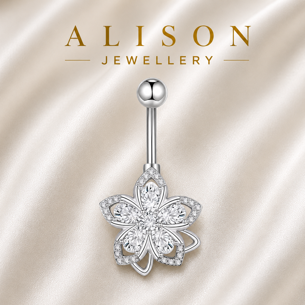 Stainless Steel Flower Belly Button Ring with Clear Zircon - SINGLE