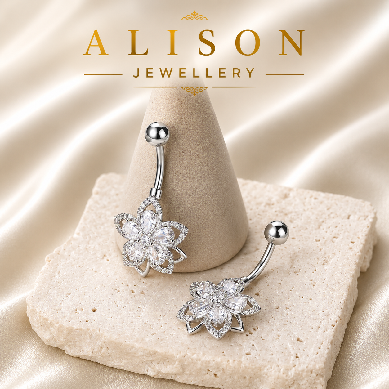 Stainless Steel Flower Belly Button Ring with Clear Zircon - SINGLE