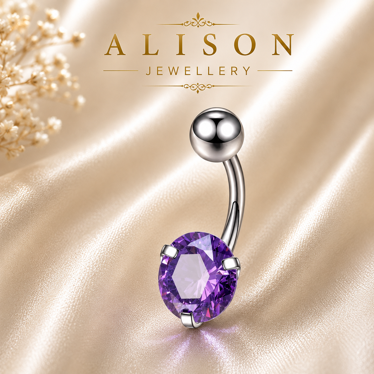 Stainless Steel Purple Crystal Belly Button Ring - SINGLE
