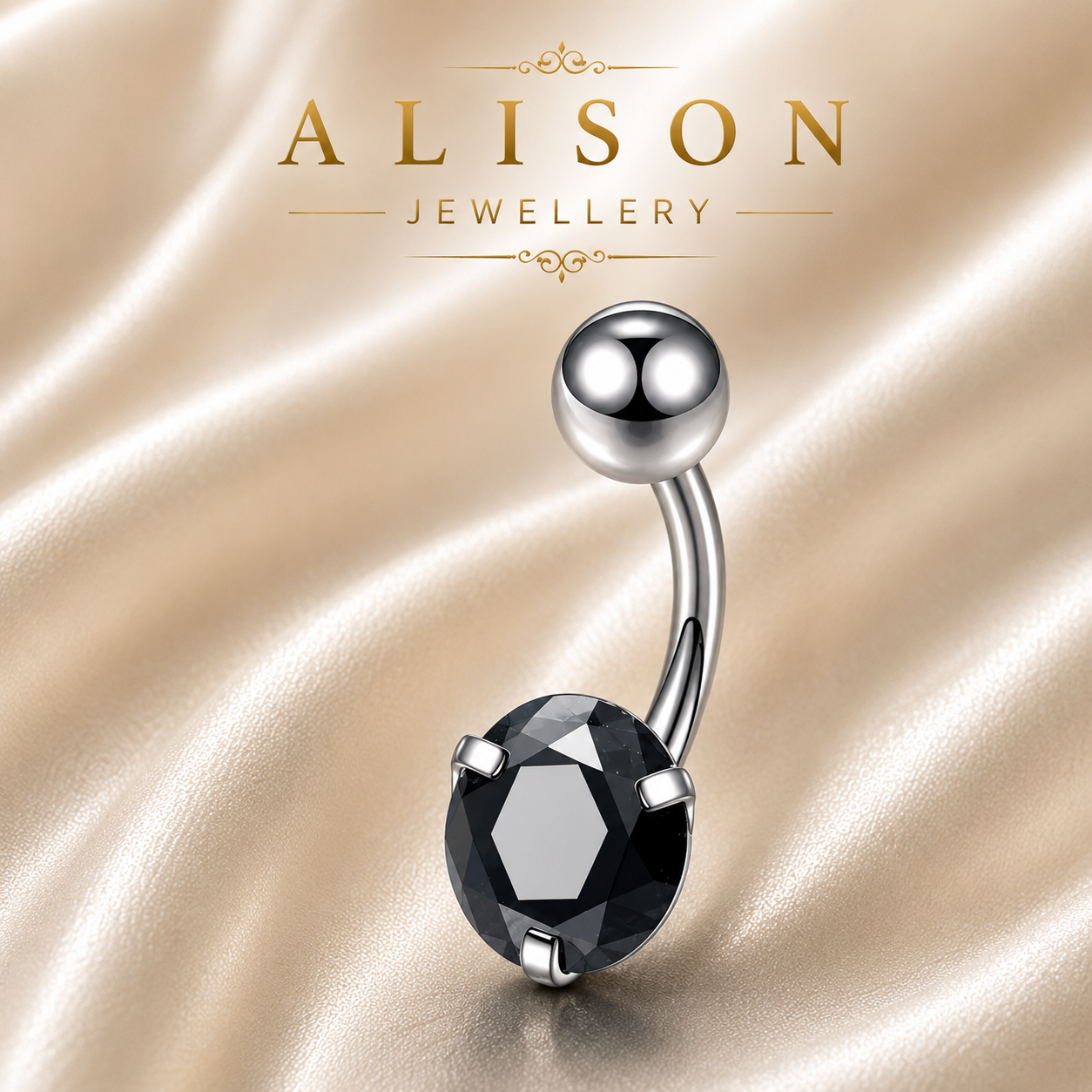Stainless Steel Black Crystal Belly Button Ring - SINGLE