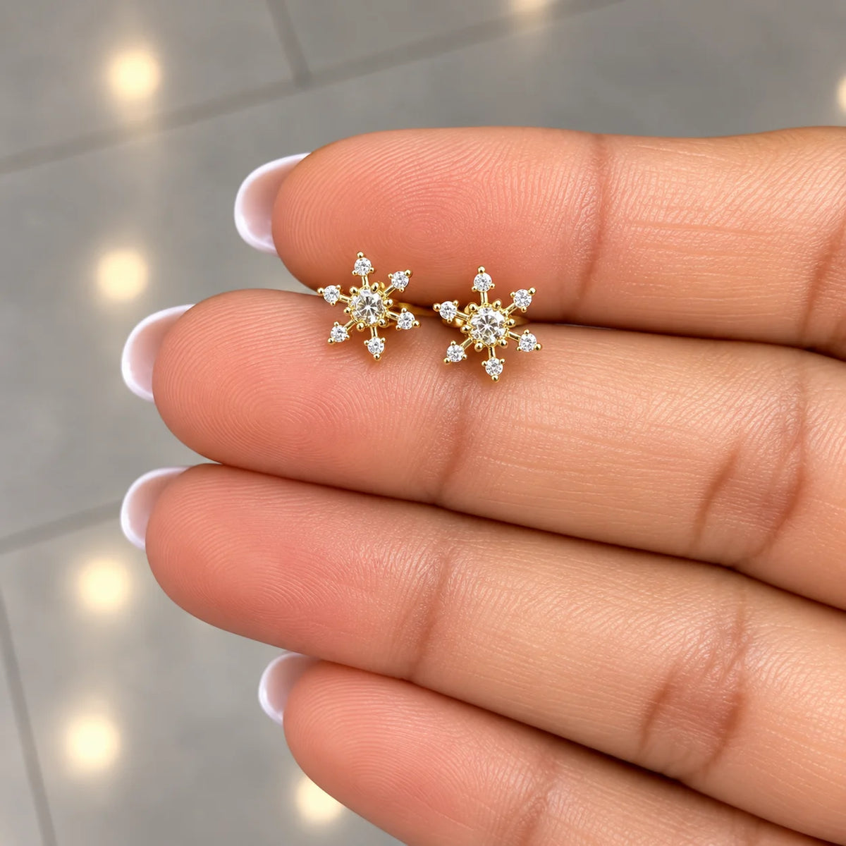 18k Gold Pated Stainless Steel Crystal Snowflake Flat Back Stud Earrings - PAIR