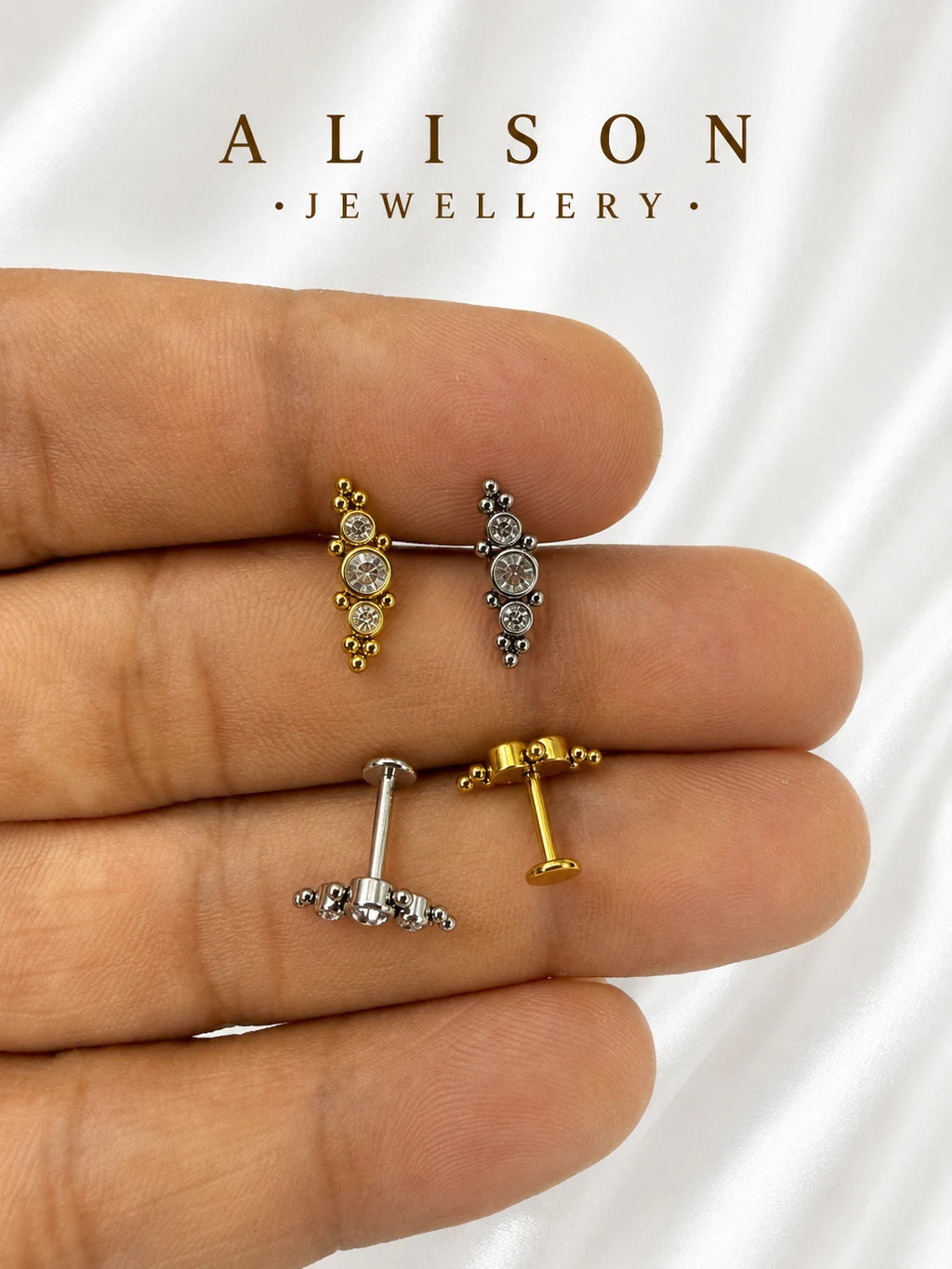 18K Gold Plated Stainless Steel Triple Crystal Labret Stud