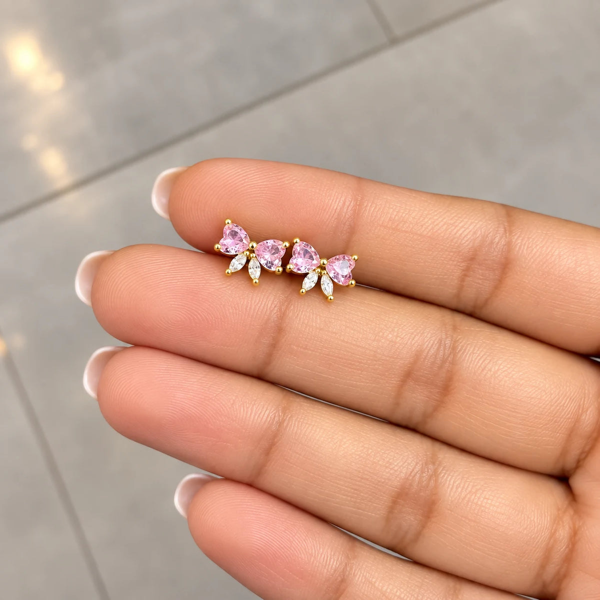 18k Gold Pated Stainless Steel Pink Crystal Bow Flat Back Stud Earrings - PAIR