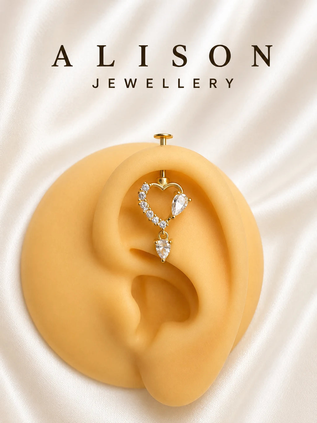 Heart shape Upper Helix (BUGADI) studs with CZ dangle 14G- 1pc