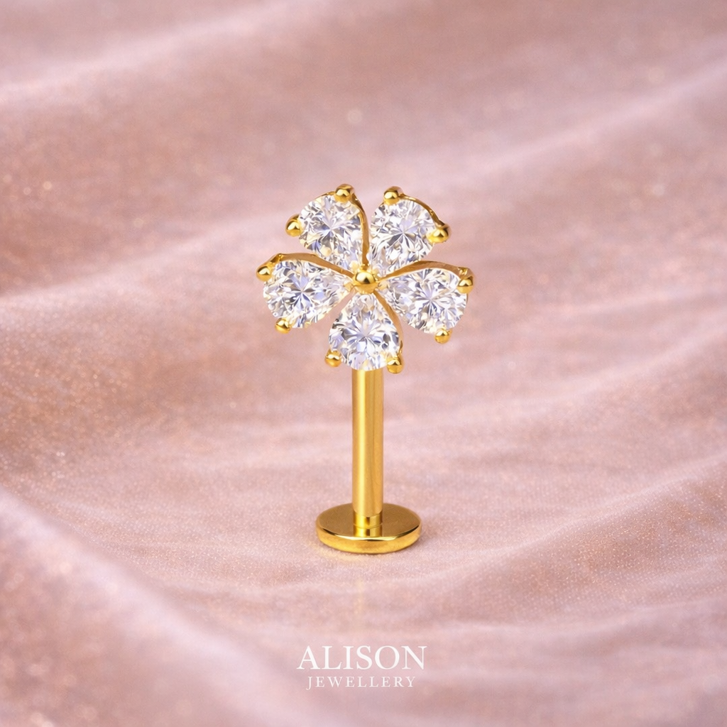 Flower Shaped CZ Gold & Silver Upper Helix (BUGADI)Studs 16G - 1 Piece
