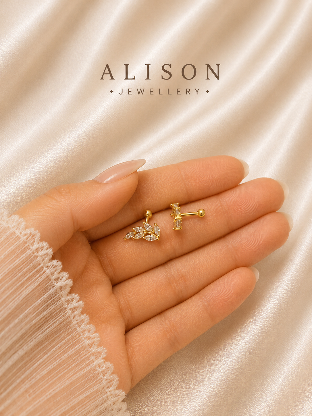 Stainless Steel Gold Leaf Vine Cartilage Stud Earrings - PAIR