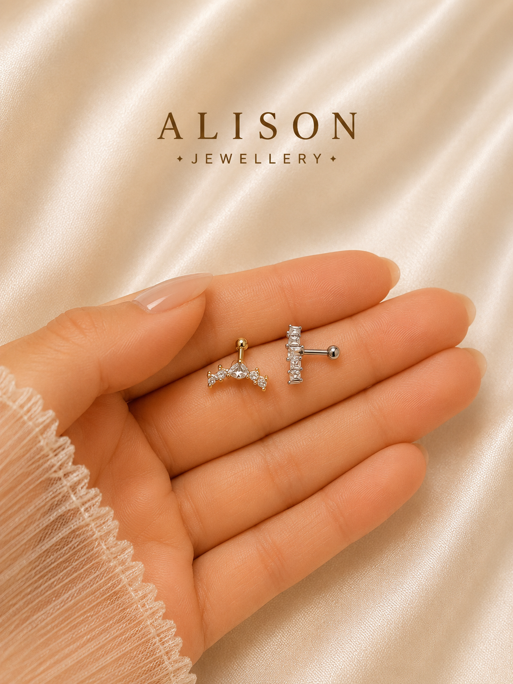 Stainless Steel Crown Crystal Cartilage Stud Earrings -PAIR