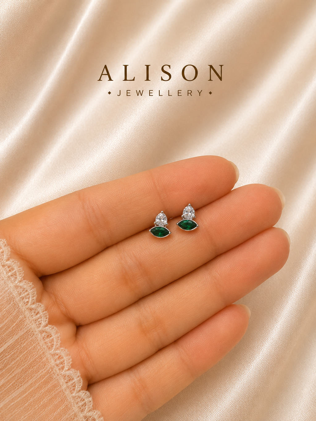 Stainless Steel Emerald Crystal Stud Earrings