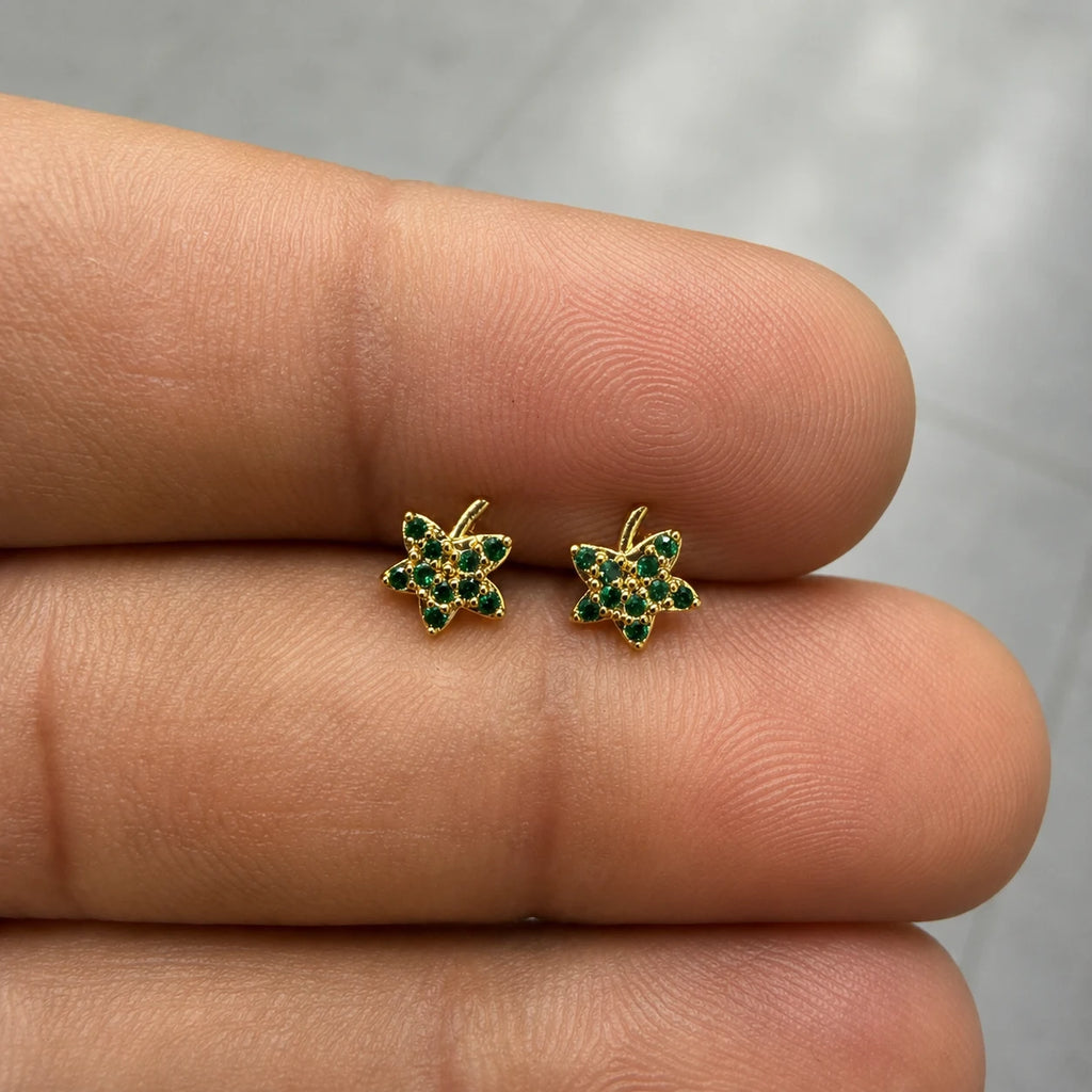 18k Gold Stainless Steel Green Stone Leaf – PAIR