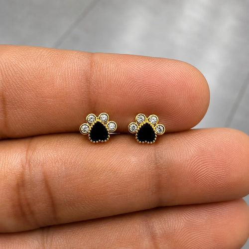 18k Gold Pated Stainless Steel Black Heart Crystal Flat Back Stud - PAIR