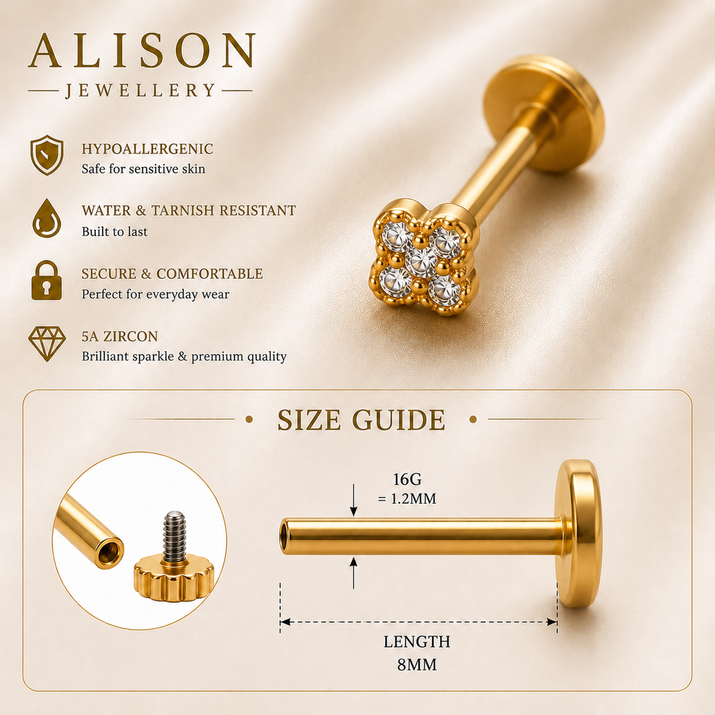 Stainless Steel Floral Zircon Flat Back Stud - PAIR