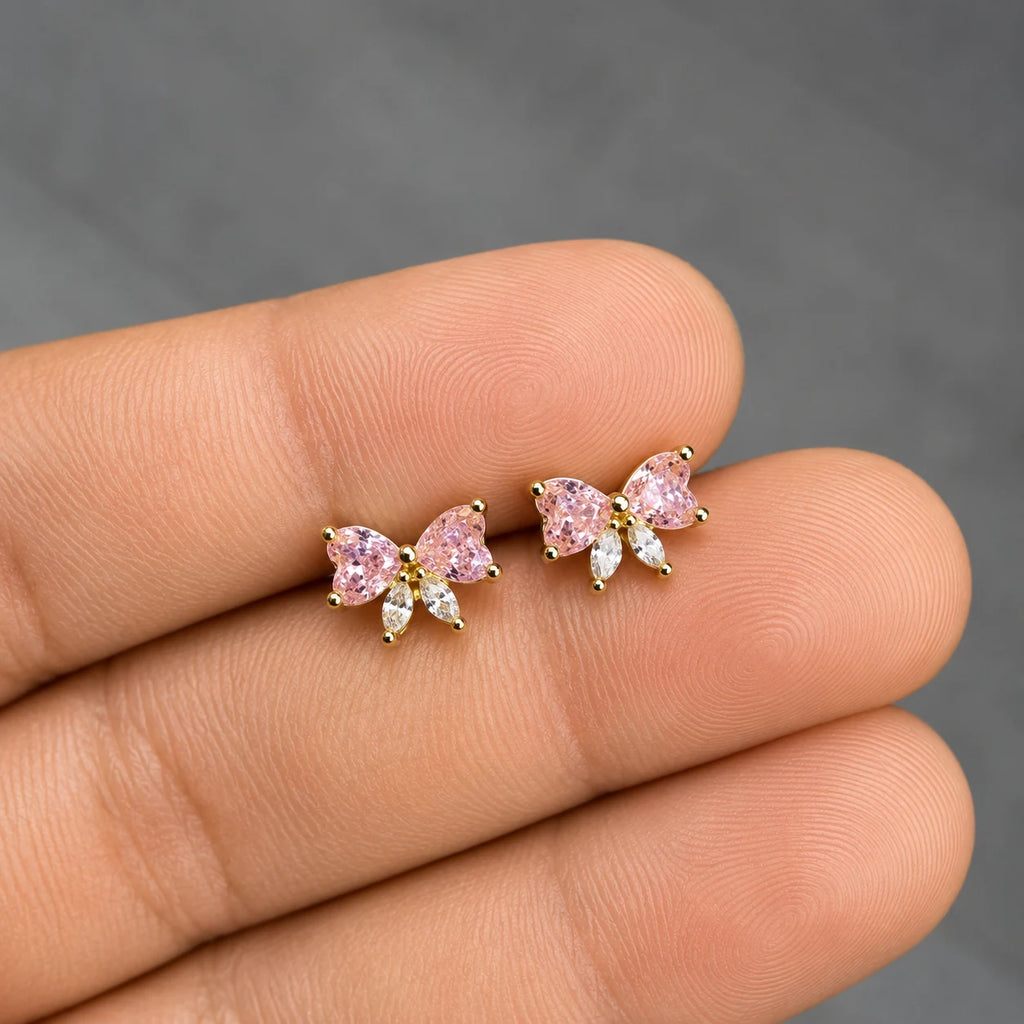 Stainless Steel Pink Crystal Bow Flat Back Stud Earrings - PAIR