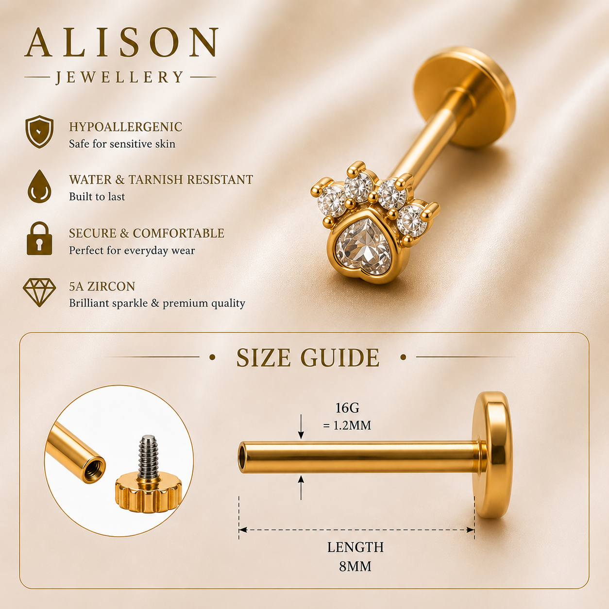 Stainless Steel Paw Zircon Flat Back Stud - PAIR