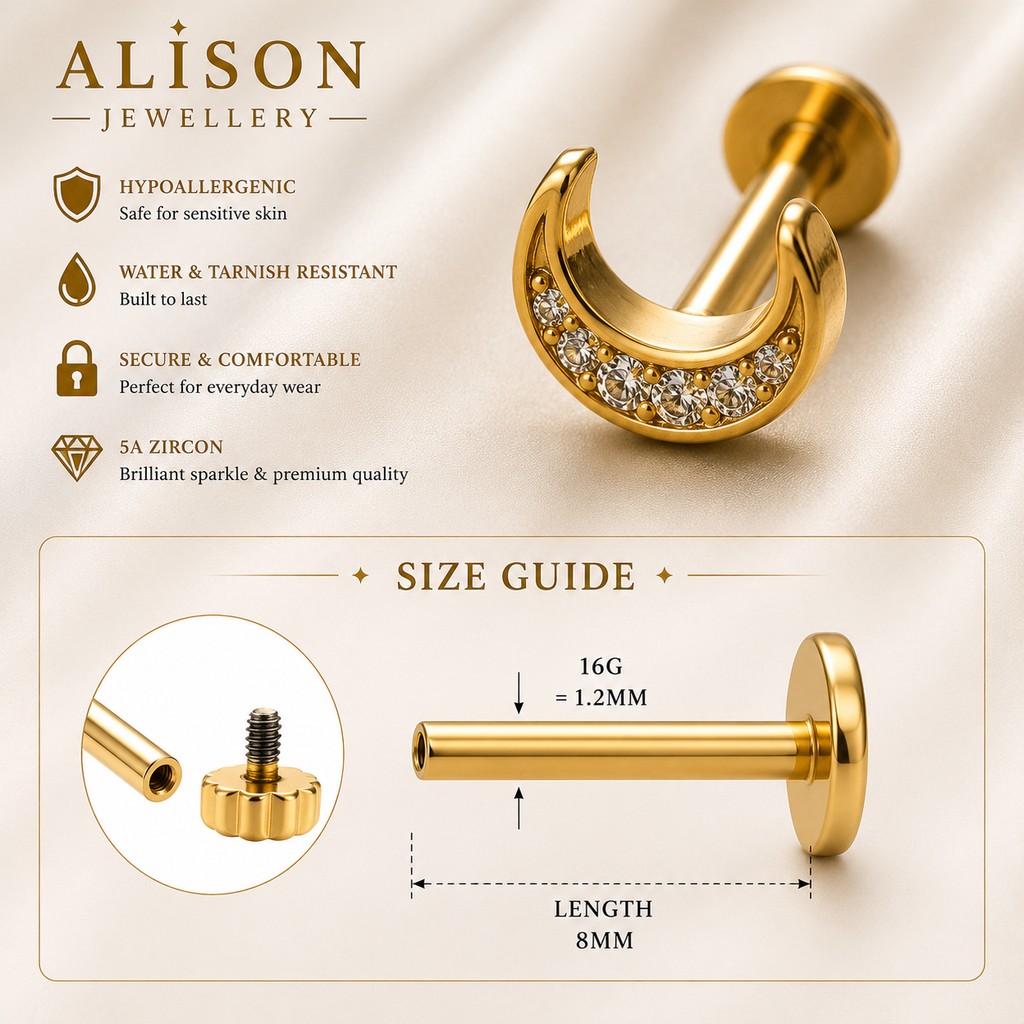 Stainless Steel Crescent Moon Zircon Flat Back Stud - PAIR