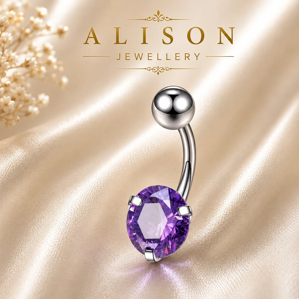 Stainless Steel Purple Crystal Belly Button Ring - SINGLE