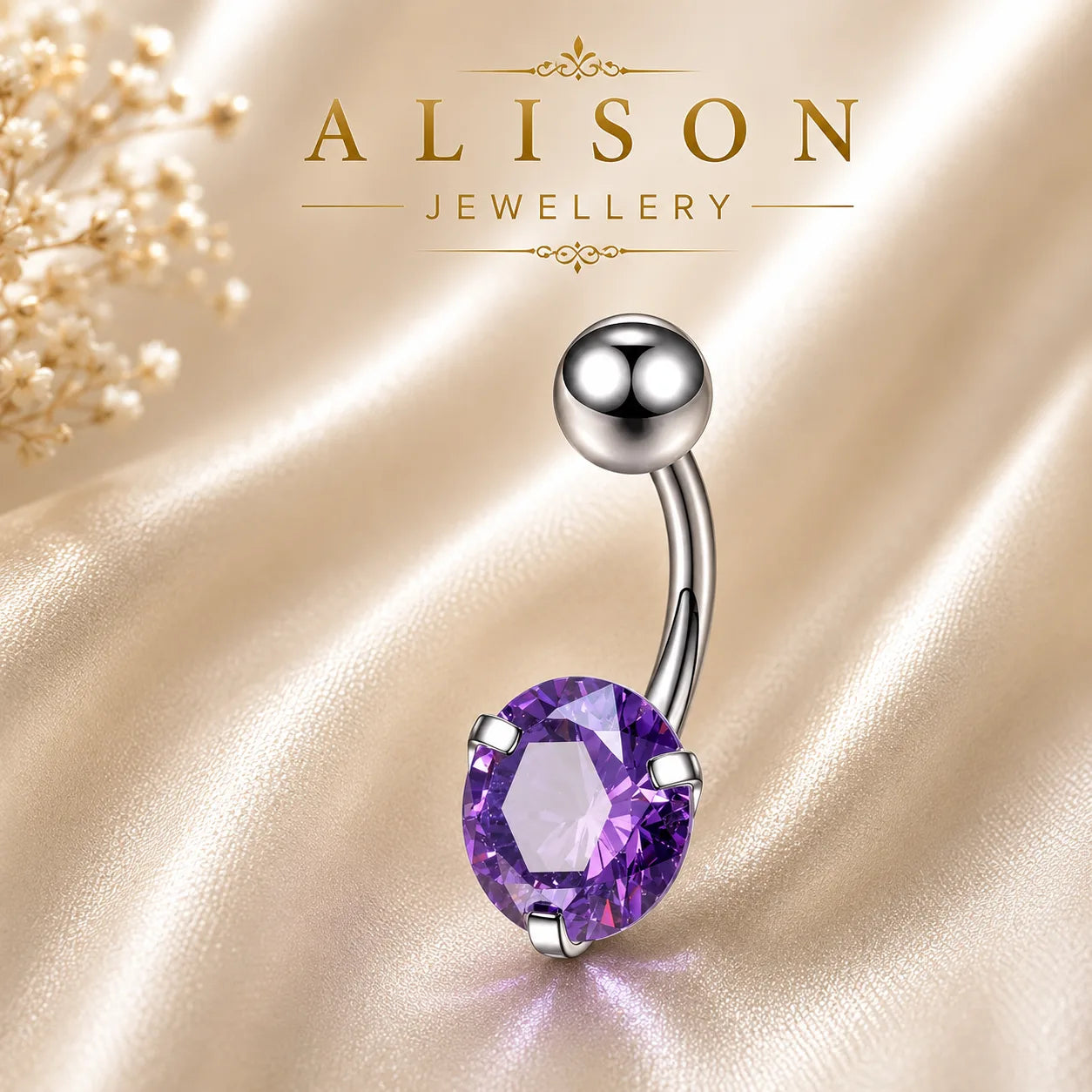 Stainless Steel Purple Crystal Belly Button Ring - SINGLE