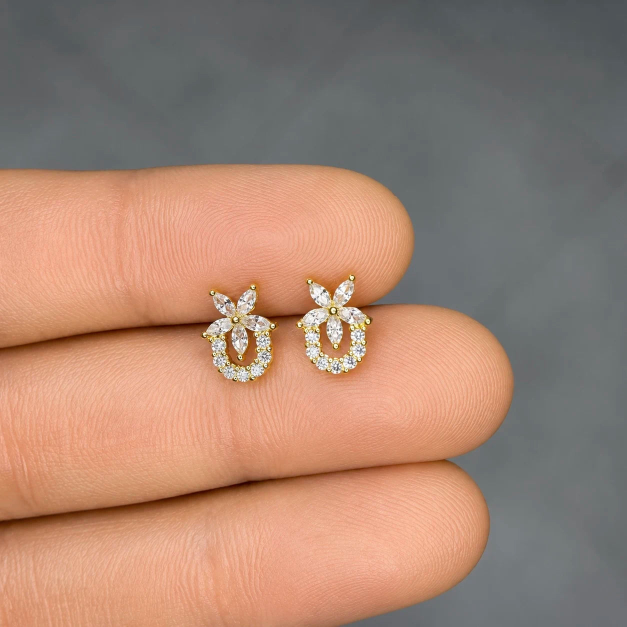 Stainless Steel Floral Halo Crystal Flat Back Stud Earrings - PAIR