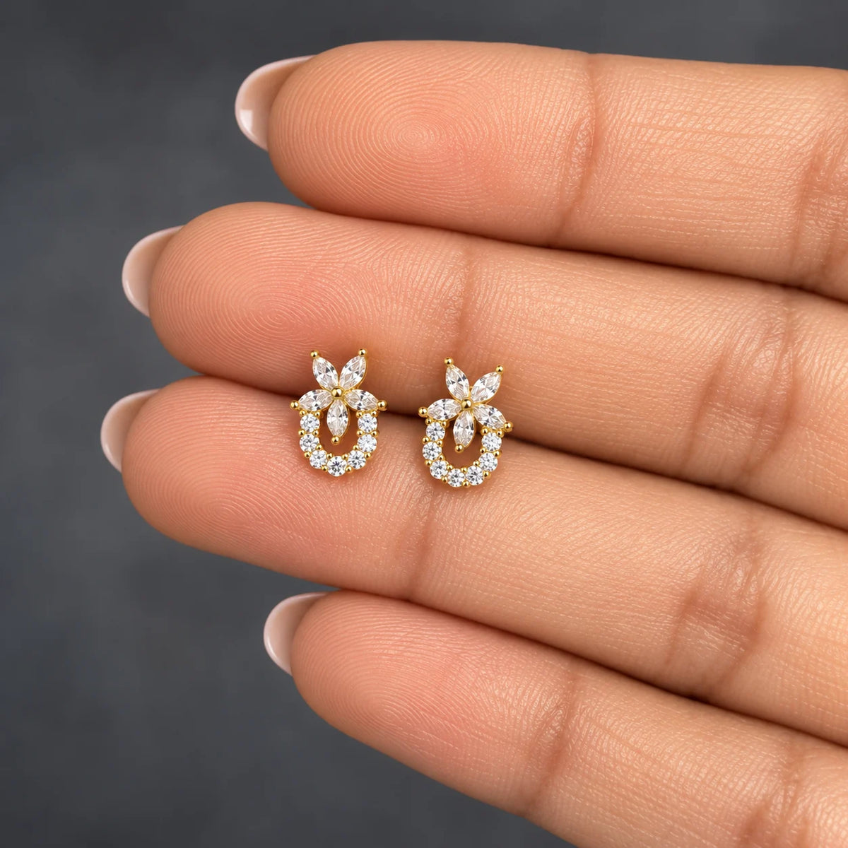 18k Gold Pated Stainless Steel Floral Halo Crystal Flat Back Stud Earrings - PAIR