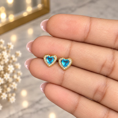 18k Gold Pated Stainless Steel Blue Heart Crystal Flat Back Stud Earring - PAIR