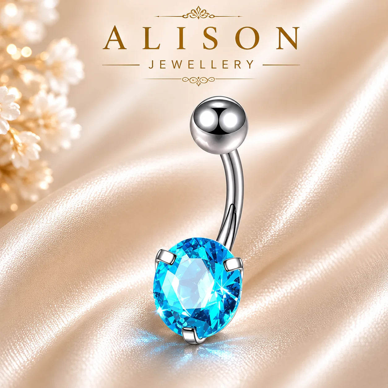 Stainless Steel Blue Crystal Belly Button Ring - SINGLE
