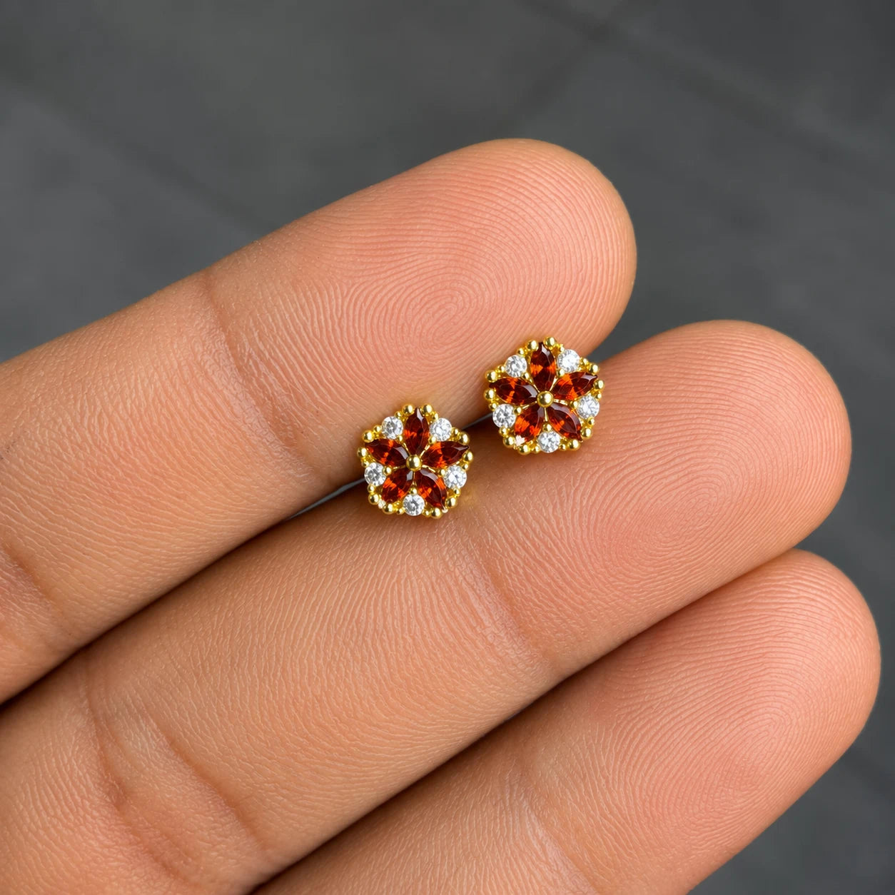 Stainless Steel Red Floral Crystal Flat Back Stud Earrings - PAIR