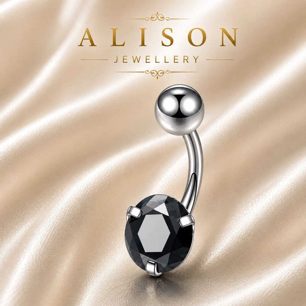 Stainless Steel Black Crystal Belly Button Ring - SINGLE