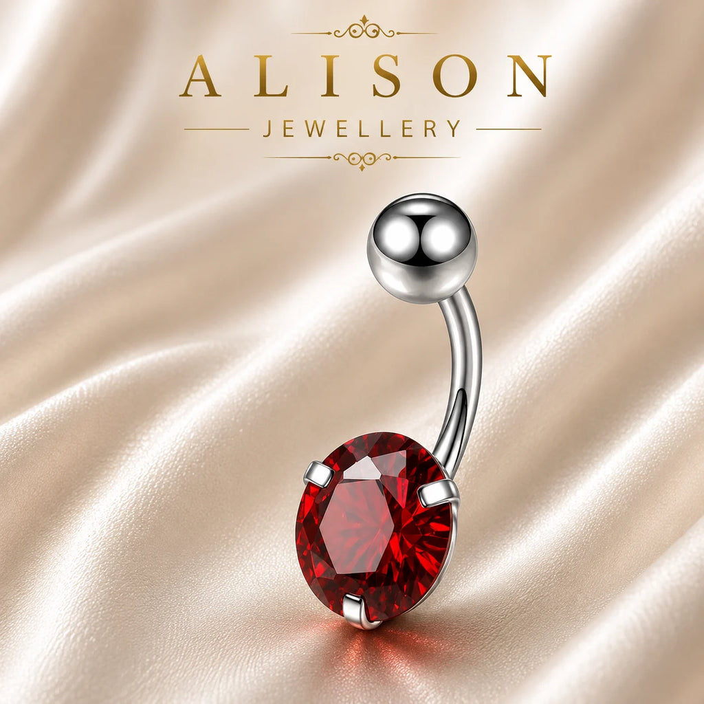 Stainless Steel Red Crystal Belly Button Ring - SINGLE