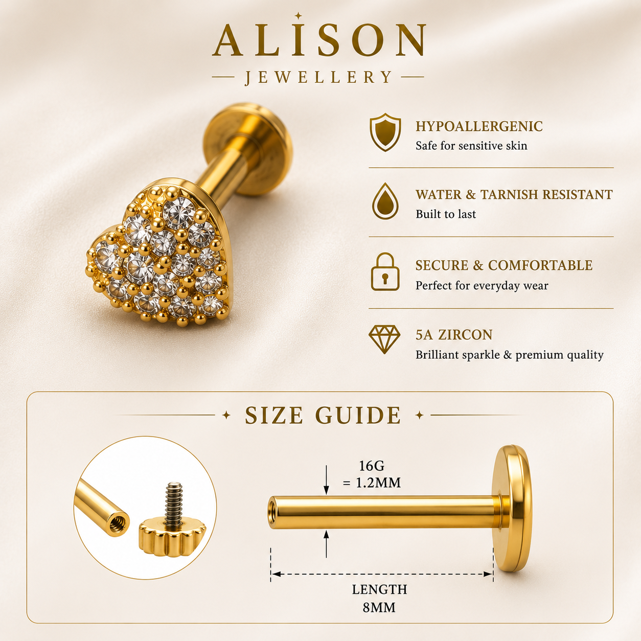 Stainless Steel Heart Zircon Flat Back Stud - PAIR