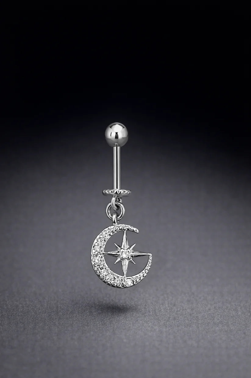 Silver Color Moon Star Hanging Upper Helix(BUGADI) Ear Stud - 1 Pc